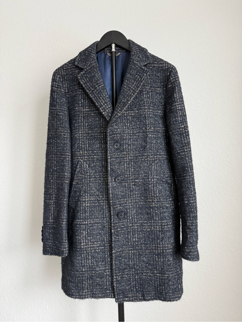 Manuel Ritz Navy Plaid Single-Breasted Wool Blend Pea Coat